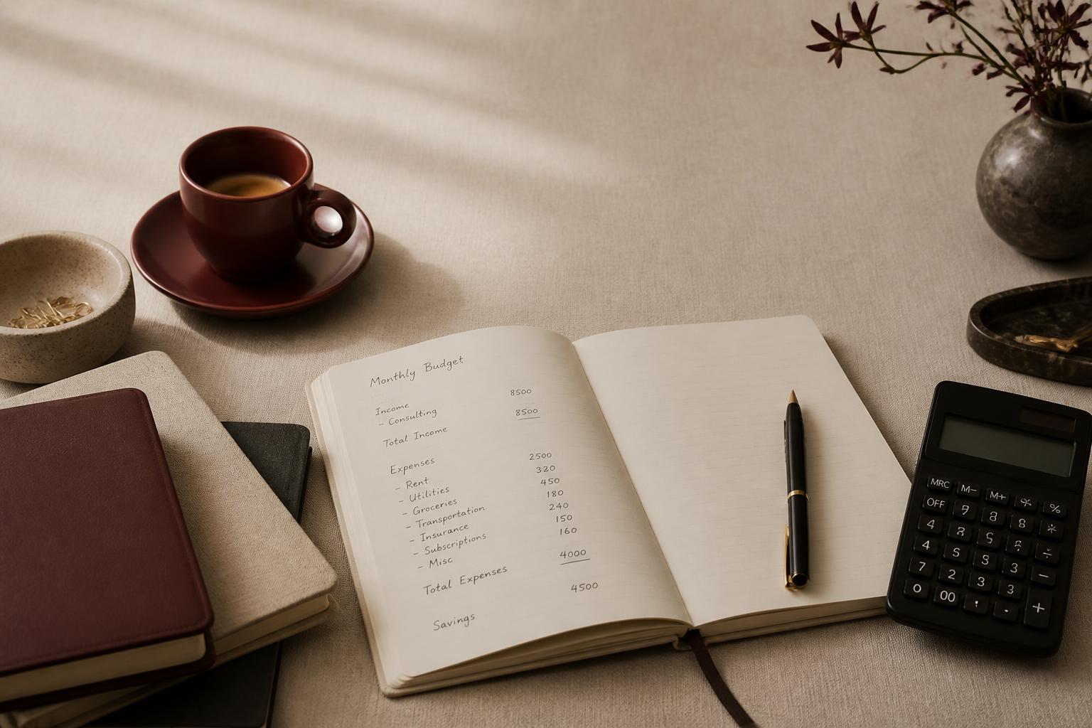 Escritorio con libreta de presupuesto mensual, calculadora y café: el orden financiero que aprenderás en el curso